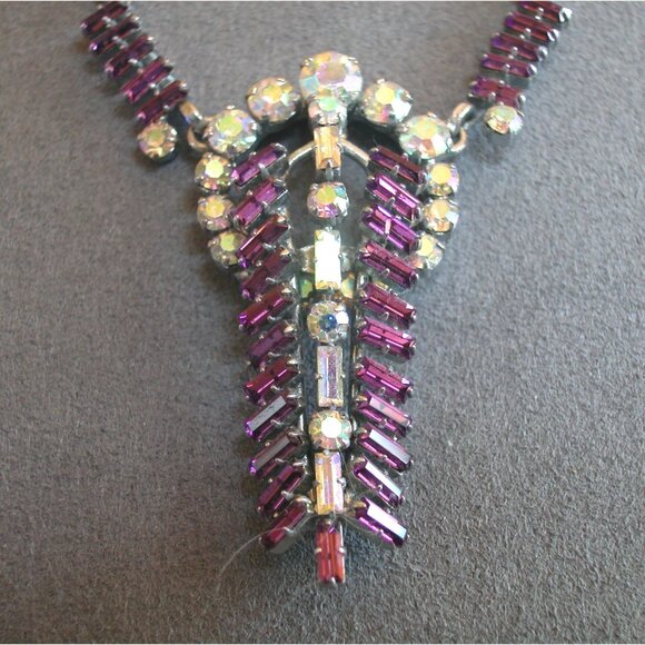 Vintage Art Deco Rhinestone Necklace With Aurora Borealis & Amethyst Stones - Picture 2 of 4